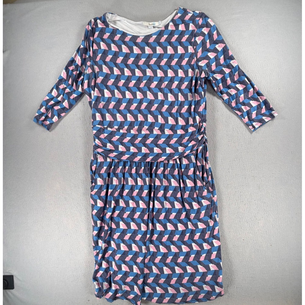 Boden Women's US 16R UK 20R Blue Pink Geometric Print Ruched 3/4 Sleeve Dress